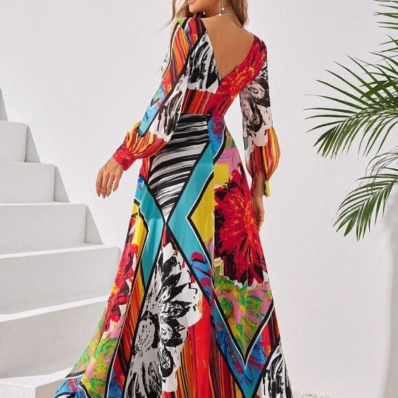 Multicolor Boho Women's Colorful Random Printed Round Neck Long Sleeve - Picture 2 of 6